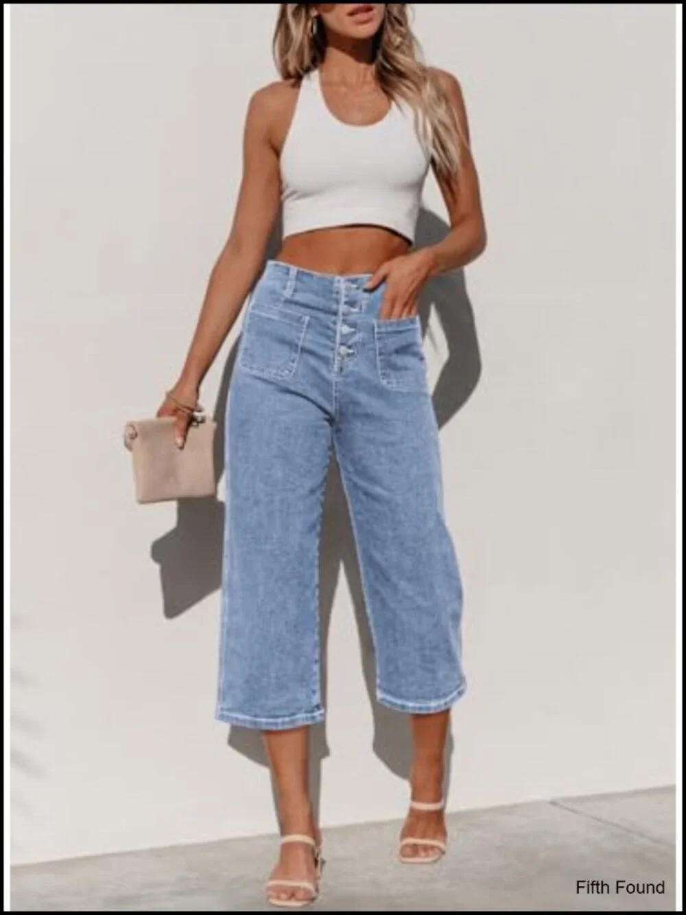 High Waisted Wide Leg Cropped Denim Capri Pants Stretchy Loose Fit